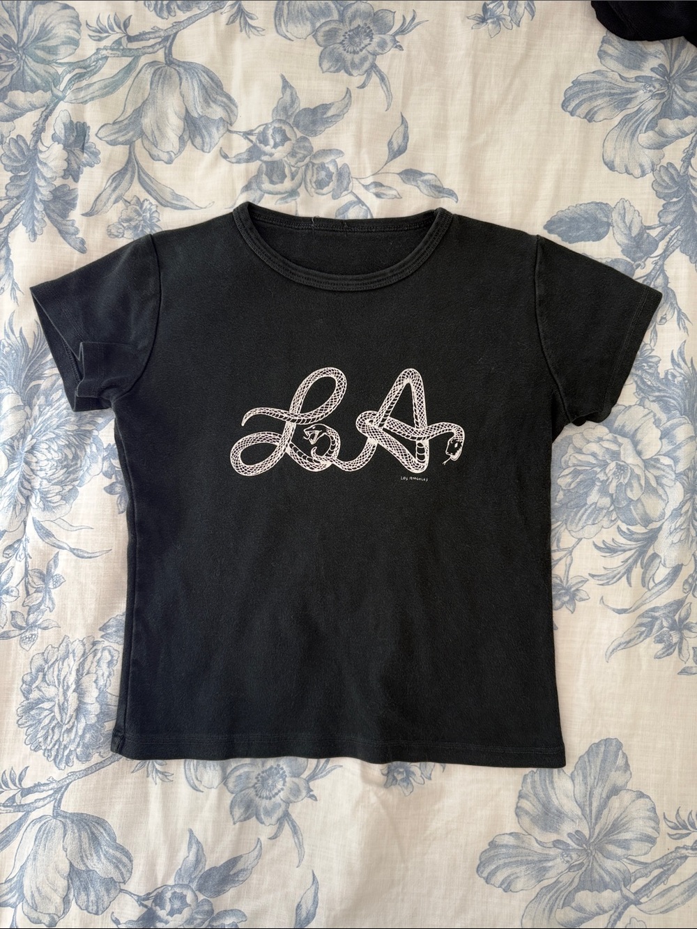 Brandy Melville Black Short Sleeve Graphic Tee with White 'LA' Snake Design